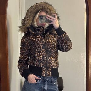 Guess Leopard Print Jacket with Fur Hood